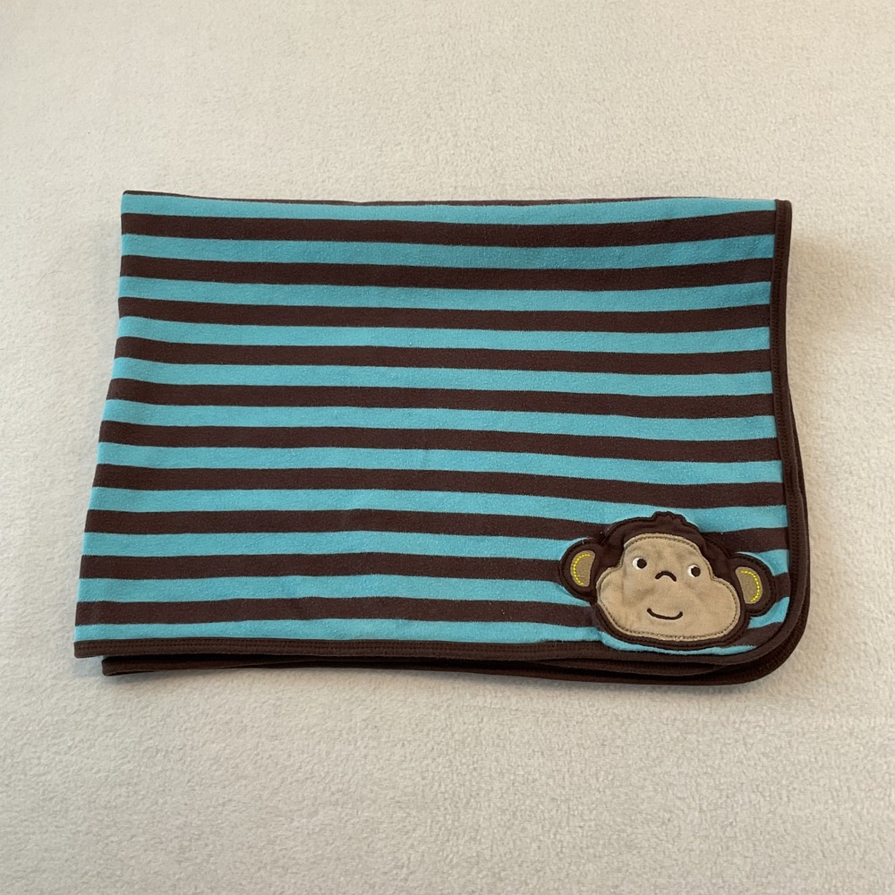 Carters Baby Blanket Brown Turquoise Striped Monkey Applique 100% Cotton Knit